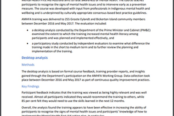 Summary of Evaluation of Mental Health First Aid Training on Groote Eylandt and Bickerton Island