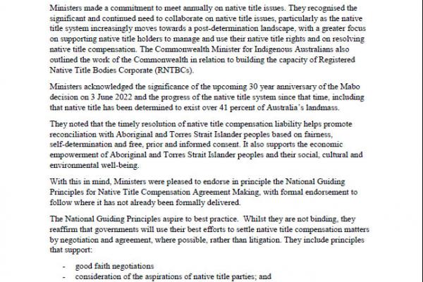 Native Title Ministers' Meeting Communique - 15 October 2021