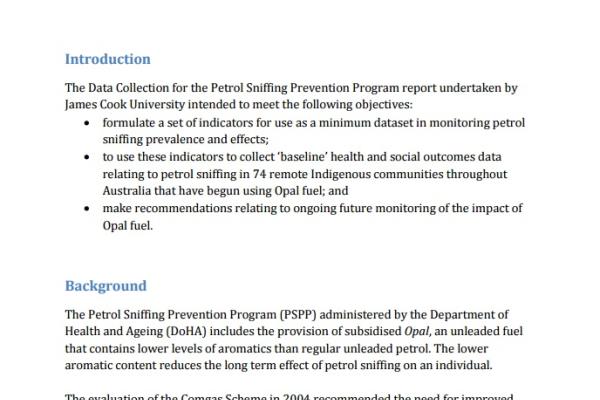 Data collection for the Petrol Sniffing Prevention Program: report summary