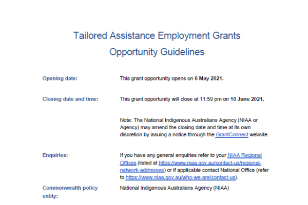 Tailored Assistance Employment Grant Opportunity Guidelines