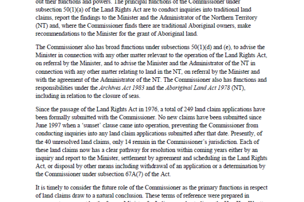 Terms of Reference - Review of Part V (Aboriginal Land Commissioners) of the Aboriginal Land Rights (Northern Territory) Act 1976