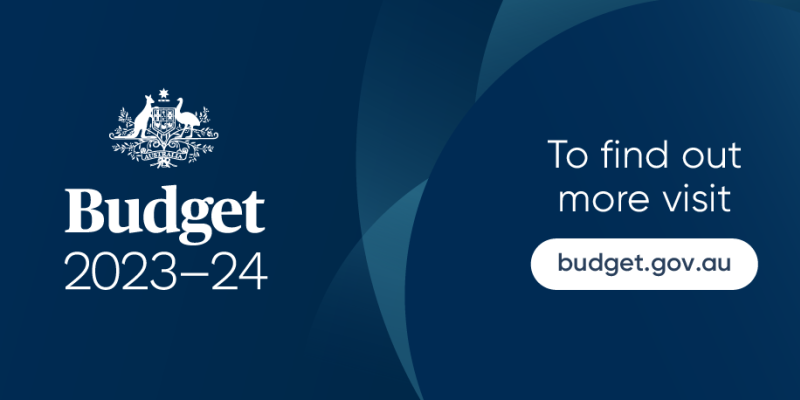 A graphic image that displays the Commonwealth Crest, followed by the title, Budget 2023-24. On the right hand side of the graphic it reads, 'To find out more visit budget.gov.au'.