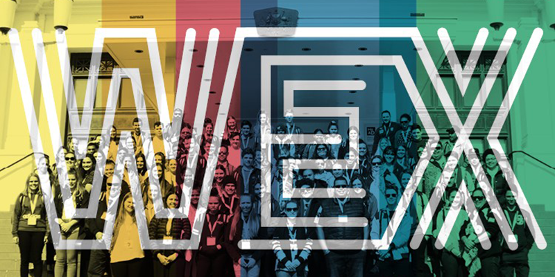 Many young people stand on the steps of a building. The image is overlayed with the colours yellow, red, blue and green and the word WEX with letters made from multiple white lines in parallel.