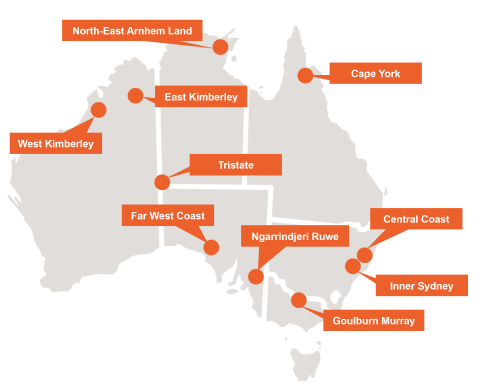 1. A map of Australia with the 10 Empowered Communities Regions marked out: Cape York, Queensland; Central Coast, New South Wales; East Kimberley, West Australia; West Kimberley, West Australia; Northeast Arnhem Land, Northern Territory; Ngarrindjeri Ruwe (Lower River Murray, Lakes and Coorong), South Australia; Far West Coast, South Australia; Goulburn Murray, Victoria; and Tristate (Ngaanyatjarra Pitjantjatjara Yankunytjatjara Lands) in Central Australia.