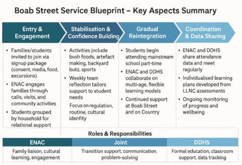 On this blueprint, there are four columns. They are Entry & Engagement, Stabilisation & Confidence Building, Gradual Reintegration, Coordination & Data Sharing. At the bottom of the figure it shows the roles and responsibilities, they are ENAC, Joint, and DDHS.