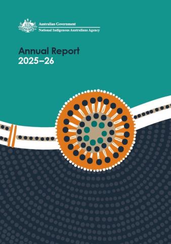 Cover of the National Indigenous Australians Agency Annual Report 2025–26 featuring artwork by Wiradjuri artist Jordana Angus titled “Working together for a future of equality”.