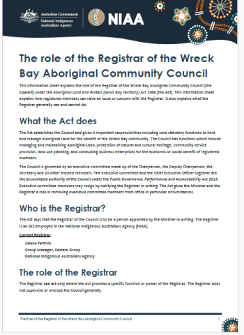 The role of the Registrar of the Wreck Bay Aboriginal Community Council