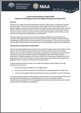 Review of methodology to determine Regional Employment Targets (RETs)