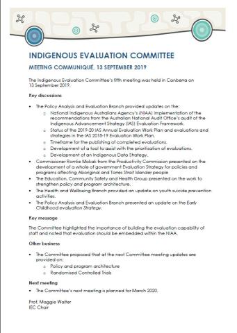 Meeting Communiqué: Indigenous Evaluation Committee, 13 September 2019