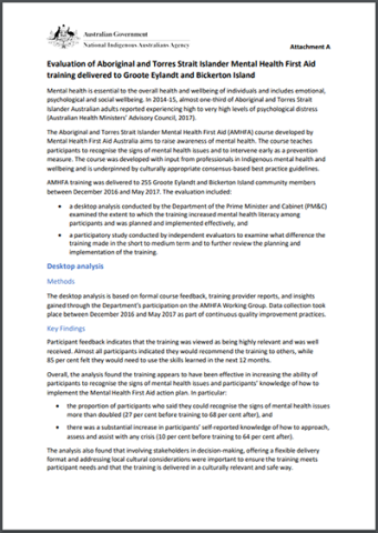Summary of Evaluation of Mental Health First Aid Training on Groote Eylandt and Bickerton Island