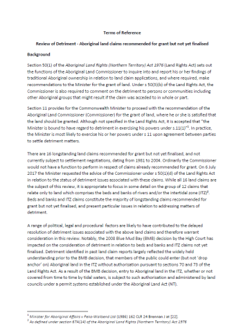 Terms of Reference - Review of Detriment - Aboriginal land claims recommended for grant but not yet finalised
