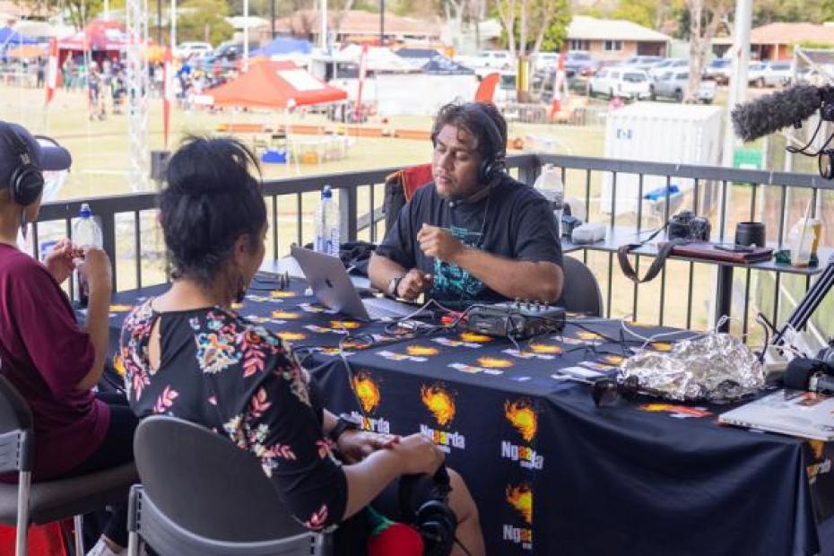 Yindjibarnid, Yinhawangka broadcaster Brandon Cook with guests doing an outside broadcast in Tom Price, WA