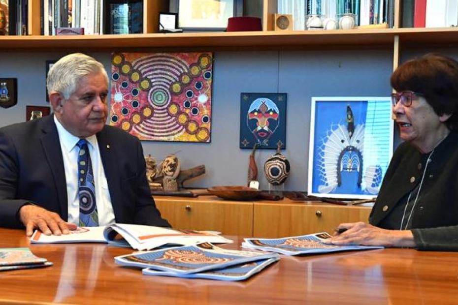 Joint Council on Closing the Gap Co-chairs Minister for Indigenous Australians, the Hon Ken Wyatt AM, MP and Pat Turner AM sitting at a meeting table with papers on the table. In the background is a bookshelf with Indigenous artwork and books.