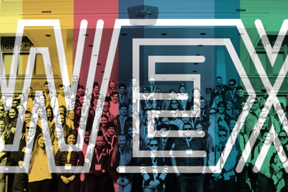 Many young people stand on the steps of a building. The image is overlayed with the colours yellow, red, blue and green and the word WEX with letters made from multiple white lines in parallel.