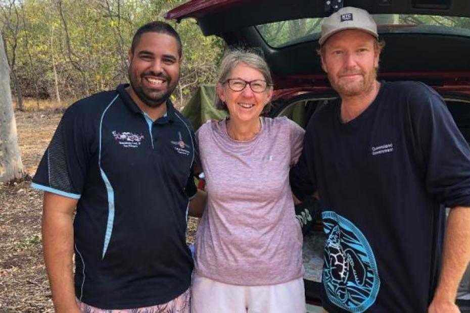 Sea rangers Reece McDowell and Rodney Phelps with their new friend, volunteer Mary Kirk